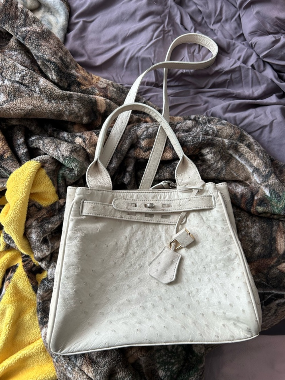 Suarez Cream Faux-Ostrich Satchel with Top Handles